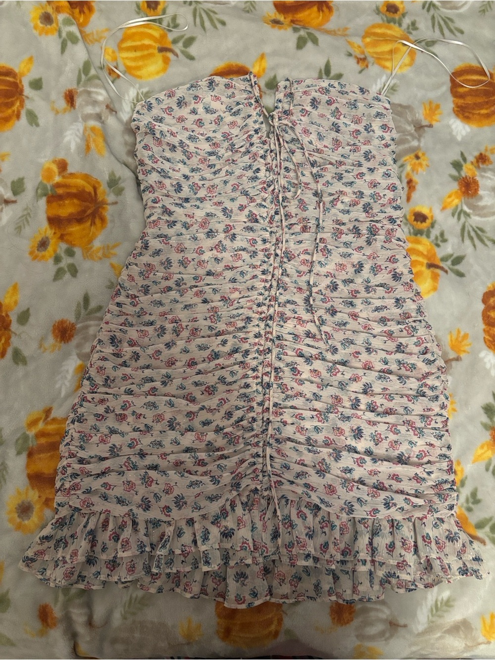 Zara Floral Ruffle Ruched Dress - Pink & Blue on Cream